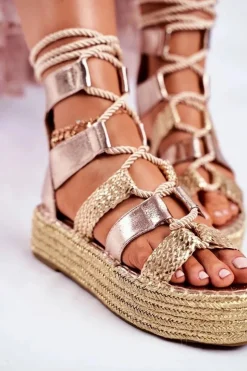 Boto Sandały Na Obcasie*Sandałki Damskie Na Platformie Espadrylu Złote Eromica