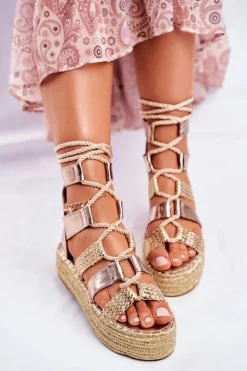 Boto Sandały Na Obcasie*Sandałki Damskie Na Platformie Espadrylu Złote Eromica