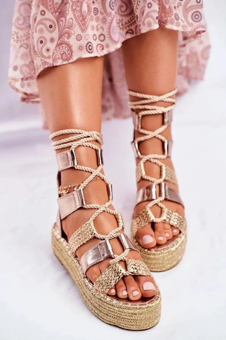 Boto Sandały Na Obcasie*Sandałki Damskie Na Platformie Espadrylu Złote Eromica