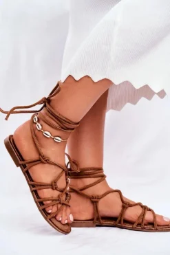 Boto Sandały Płaskie*Sandałki Damskie Wiązane Camel Negros