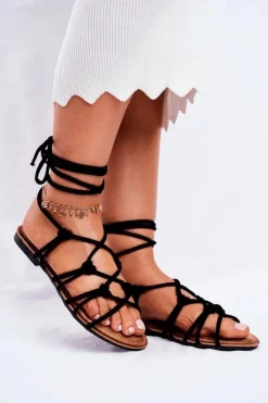 Outlet Boto Sandałki Damskie Wiązane Czarne Negros