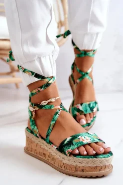 Hot Boto Sandałki Espadryle Na Koturnie Zielone Kwiaty Roxanne