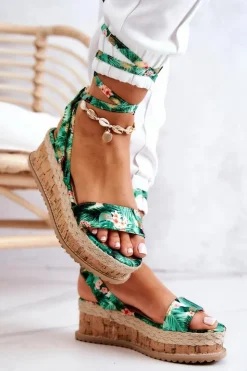 Hot Boto Sandałki Espadryle Na Koturnie Zielone Kwiaty Roxanne