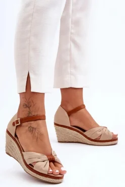 Damskie Boto Sandałki Na Koturnie Beżowe Artista