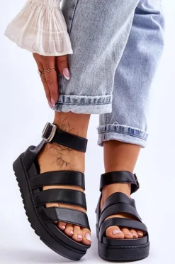 Damskie Boto Sandałki Na Masywnej Platformie Czarne Lisbona