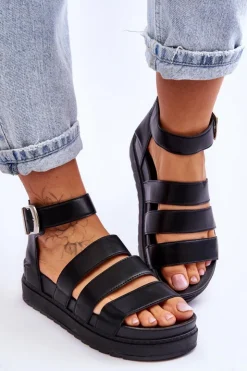 Damskie Boto Sandałki Na Masywnej Platformie Czarne Lisbona