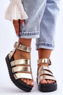 Damskie Boto Sandałki Na Masywnej Platformie Złote Lisbona