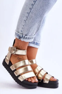 Damskie Boto Sandałki Na Masywnej Platformie Złote Lisbona