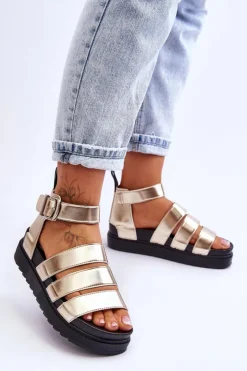 Damskie Boto Sandałki Na Masywnej Platformie Złote Lisbona