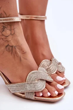 Boto Sandałki Na Niskim Obcasie Z Dżetami Różowe Złoto Monra