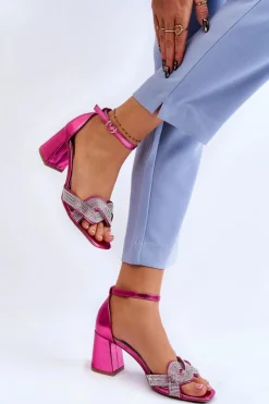 Damskie Boto Sandałki Na Niskim Obcasie Z Dżetami Fuksja Monra