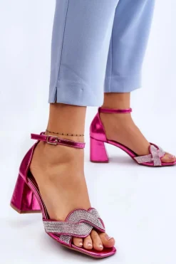 Damskie Boto Sandałki Na Niskim Obcasie Z Dżetami Fuksja Monra