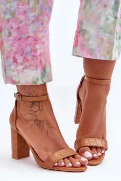 Hot Boto Sandałki Na Słupku Wężowy Wzór Brązowe Hacia