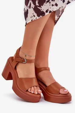 Damskie Boto Sandały Damskie Na Masywnym Słupku I Platformie Z Eko Skóry Camel Korlevia