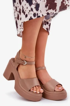 Boto Sandały Na Słupku|Sandały Na Obcasie*Sandały Damskie Na Masywnym Słupku I Platformie Z Eko Skóry Ciemnobeżowe Korlevia Beżowy