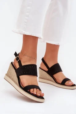 Damskie Boto Sandały Damskie Ażurowe Na Koturnie Z Plecionką Czarne Zolira