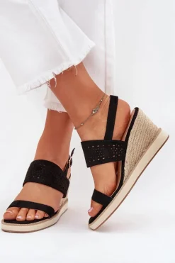 Damskie Boto Sandały Damskie Ażurowe Na Koturnie Z Plecionką Czarne Zolira