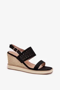 Damskie Boto Sandały Damskie Ażurowe Na Koturnie Z Plecionką Czarne Zolira