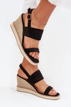 Damskie Boto Sandały Damskie Ażurowe Na Koturnie Z Plecionką Czarne Zolira