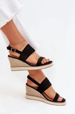 Damskie Boto Sandały Damskie Ażurowe Na Koturnie Z Plecionką Czarne Zolira