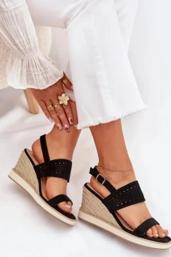 Damskie Boto Sandały Damskie Ażurowe Na Koturnie Z Plecionką Czarne Zolira