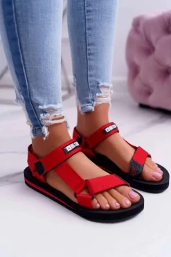 Big Star Shoes Sandały Big Star|Sandały Płaskie*Sandały Damskie Big Star Na Rzepy Czerwone DD274A284