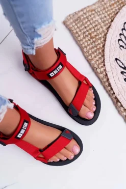 Big Star Shoes Sandały Big Star|Sandały Płaskie*Sandały Damskie Big Star Na Rzepy Czerwone DD274A284