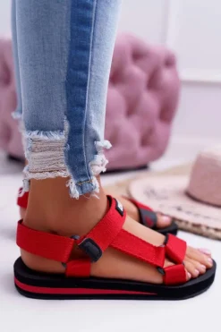 Big Star Shoes Sandały Big Star|Sandały Płaskie*Sandały Damskie Big Star Na Rzepy Czerwone DD274A284