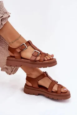 Boto Sandały Płaskie*Sandały Damskie Eko Skórzane Z Klamrami Camel Jeneliena Brązowy