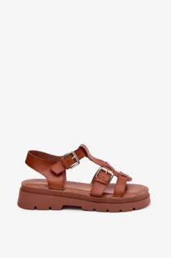 Boto Sandały Płaskie*Sandały Damskie Eko Skórzane Z Klamrami Camel Jeneliena Brązowy