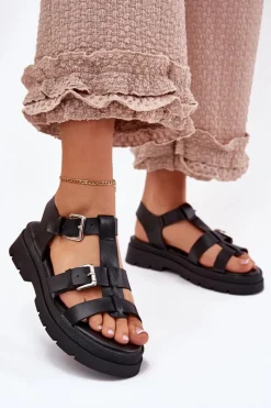 Damskie Boto Sandały Damskie Eko Skórzane Z Klamrami Czarne Jeneliena