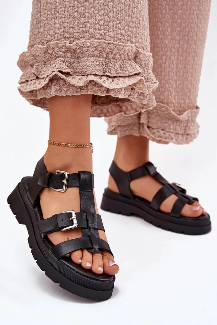 Damskie Boto Sandały Damskie Eko Skórzane Z Klamrami Czarne Jeneliena