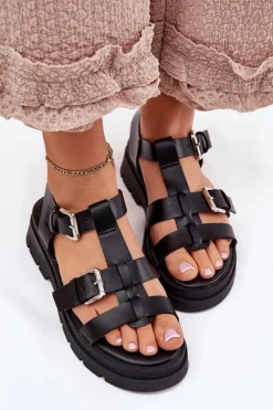 Damskie Boto Sandały Damskie Eko Skórzane Z Klamrami Czarne Jeneliena