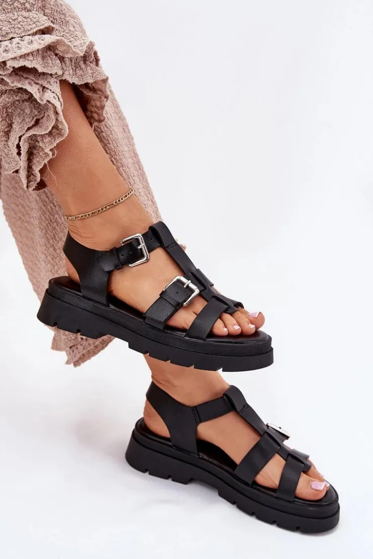 Damskie Boto Sandały Damskie Eko Skórzane Z Klamrami Czarne Jeneliena