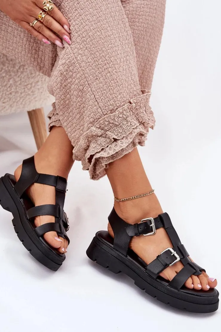 Damskie Boto Sandały Damskie Eko Skórzane Z Klamrami Czarne Jeneliena