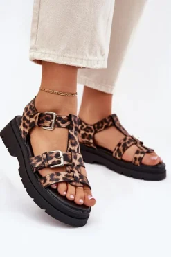 Clearance Boto Sandały Damskie Eko Skórzane Z Klamrami Panterka Jeneliena Brązowy