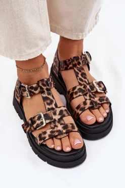 Clearance Boto Sandały Damskie Eko Skórzane Z Klamrami Panterka Jeneliena Brązowy