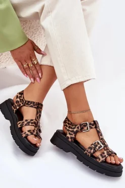 Clearance Boto Sandały Damskie Eko Skórzane Z Klamrami Panterka Jeneliena Brązowy