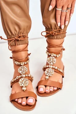 Boto Sandały Płaskie*Sandały Damskie Gladiatorki Z Kryształkami Camel Hype