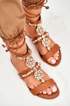 Boto Sandały Płaskie*Sandały Damskie Gladiatorki Z Kryształkami Camel Hype