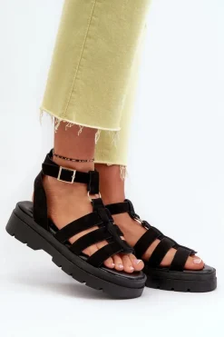 Damskie Boto Sandały Damskie Gladiatorki Z Eko Zamszu Czarne Dorameia