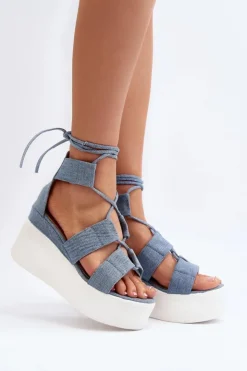 Damskie Boto Sandały Damskie Jeansowe Wiązane Niebieskie Helavi
