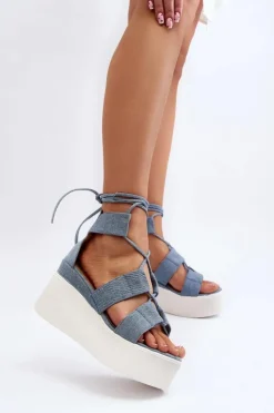Damskie Boto Sandały Damskie Jeansowe Wiązane Niebieskie Helavi