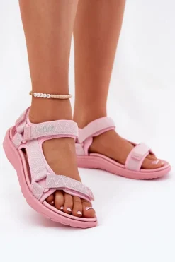 Online Lee Cooper Sandały Damskie Materiałowe Na Rzepy LCW-25-34-3561L Różowe Różowy