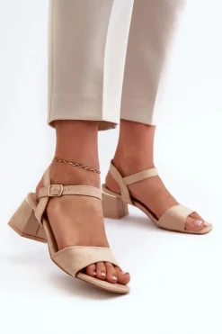 New Evento Sandały Damskie Na Klocku Z Eko Zamszu Beżowe Leisha