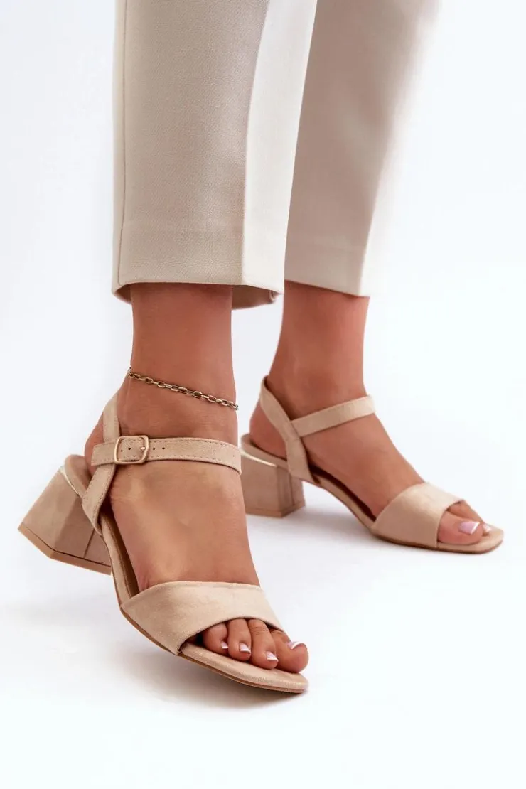 New Evento Sandały Damskie Na Klocku Z Eko Zamszu Beżowe Leisha