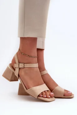 New Evento Sandały Damskie Na Klocku Z Eko Zamszu Beżowe Leisha