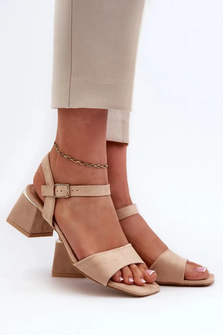 New Evento Sandały Damskie Na Klocku Z Eko Zamszu Beżowe Leisha