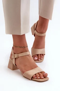New Evento Sandały Damskie Na Klocku Z Eko Zamszu Beżowe Leisha