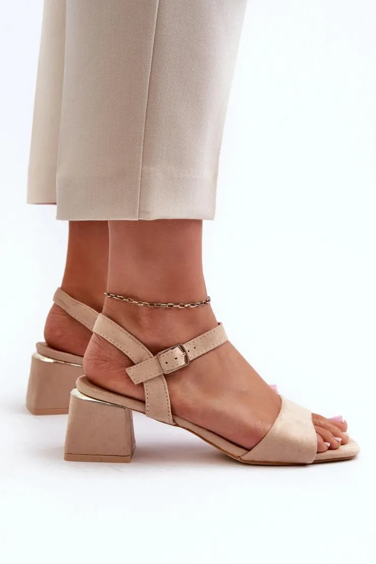 New Evento Sandały Damskie Na Klocku Z Eko Zamszu Beżowe Leisha